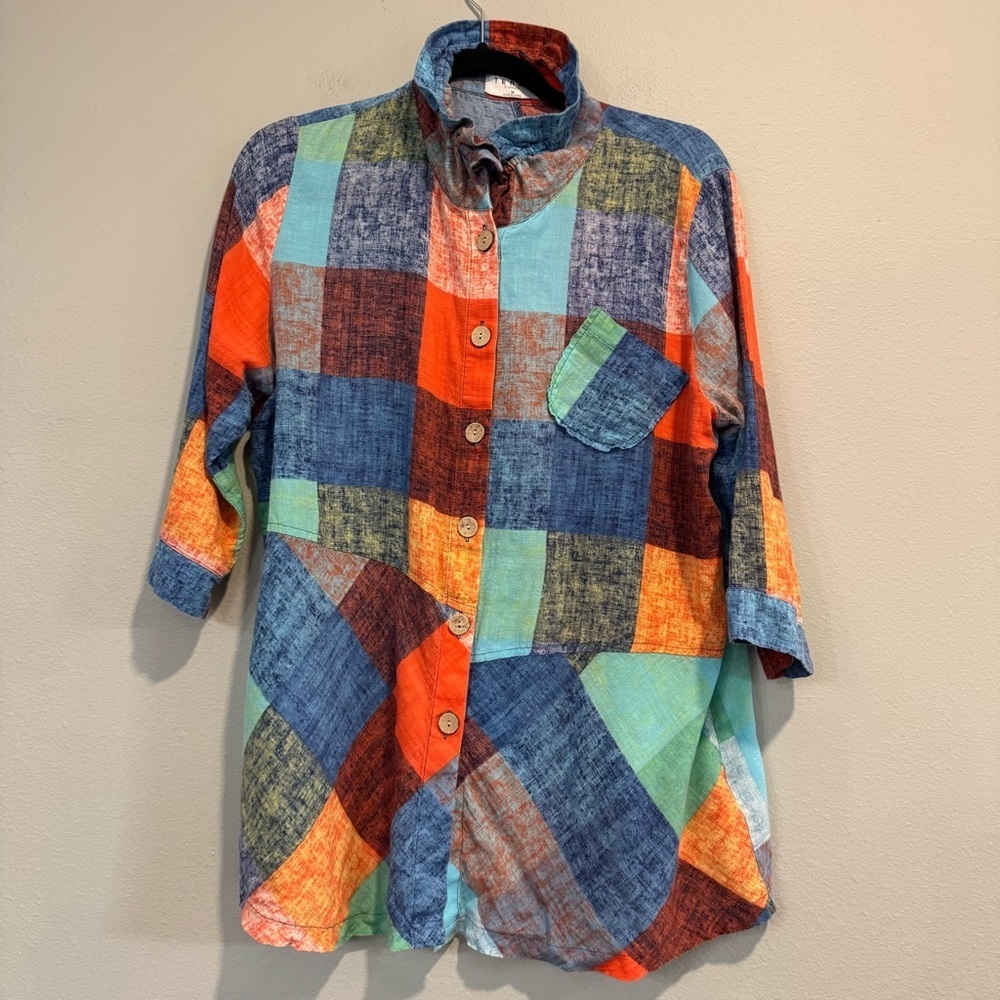 Terra SJ Apparel Colorful Button-Up Shirt Artsy Lagenlook Lightweight M